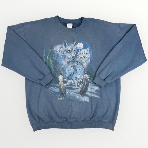 Vintage 90s Gildan Wolves Dreamcatcher Sweatshirt Pullover Crewneck Winter Large - Picture 1 of 10
